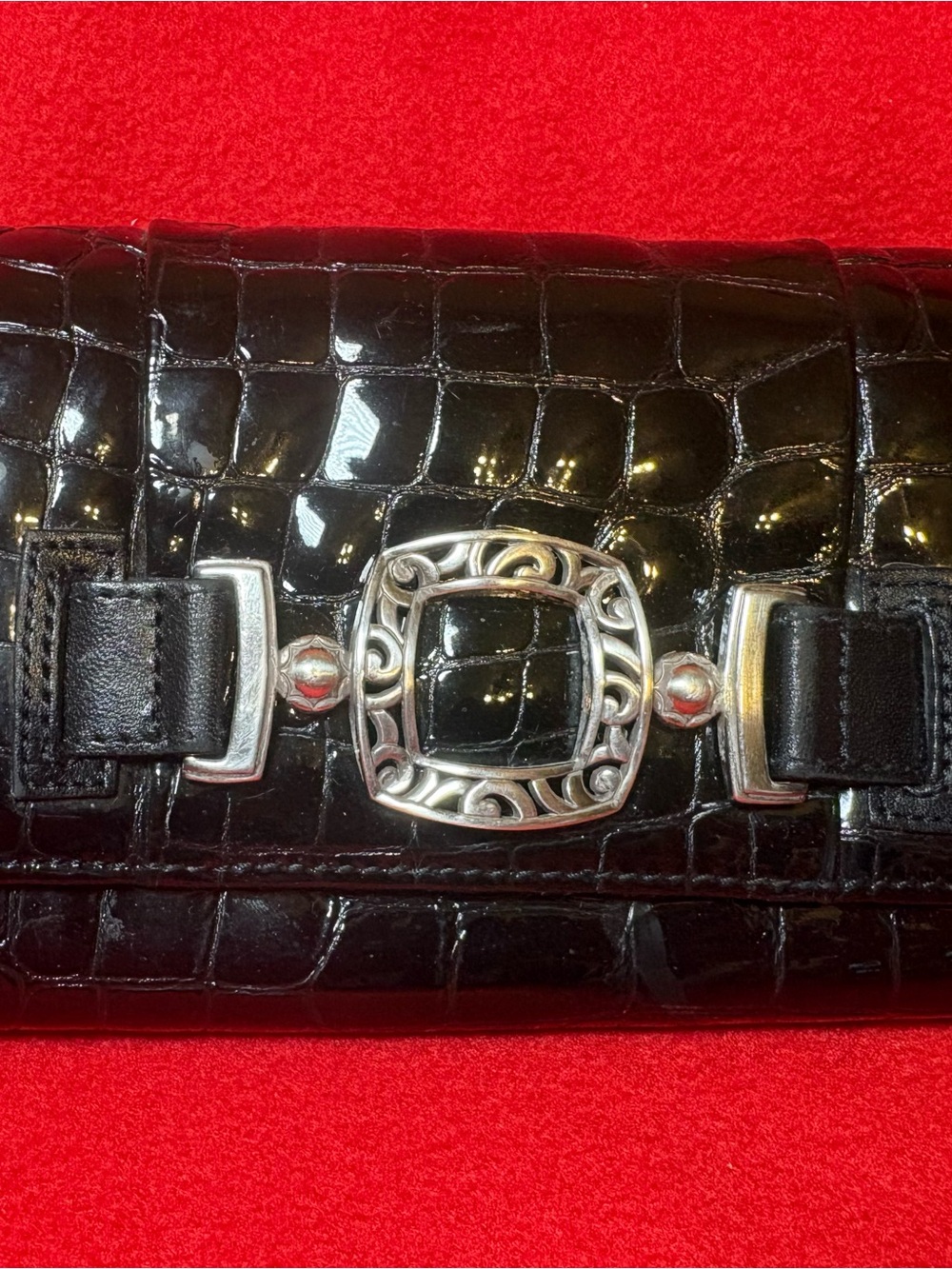 Brighton Black Croc-Embossed Leather Clutch with Silver Buckle